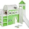 Lit Surélevé Toboggan Blanc Laqué Avec Tour Et Rideau Vert Tracteur 90x190 Cm