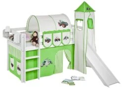 Lit Surélevé Toboggan Blanc Laqué Avec Tour Et Rideau Vert Tracteur 90x190 Cm