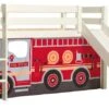 Lit Toboggan 90x200 Cm Avec Tente Camion Pompier Pin Massif Blanc Pino