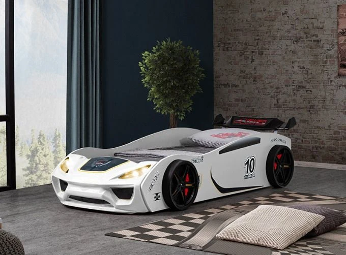 Lit Voiture De Course Blanc Avec Phares Rino 90x190 Cm 2 Lit Voiture De Course Blanc Avec Phares Rino 90x190 Cm – Image 2
