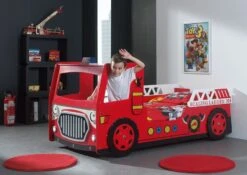 Lit Voiture Pompier 90x200 Cm Bois Laqué Rouge Cara -Vente De Chambre lit voiture pompier 90x200 cm bois laque rouge car beds 5420070207676 92258