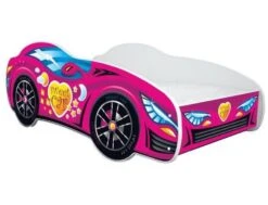 Lit Voiture Racing Rose 70x140 Cm - Sommier Et Matelas Inclus