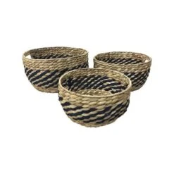 Lot De 3 Pots Tréssés En Jacinthe D'eau Avec Structure En Métal - Ø28 / Ø33 / Ø38 Cm - Naturel Et Indigo