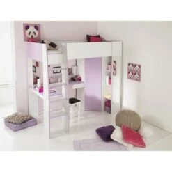 MILENA Lit Surélevé Enfant 90x200 Cm + Sommier - Blanc Et Lilas