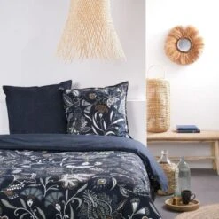 Parure De Lit Sunshine - 2 Personnes - 240 X 260 Cm - 100% Coton - Bleu Et Blanc Motif Floral - TODAY