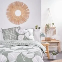 Parure De Lit Sunshine - 2 Personnes - 240 X 260 Cm - 100% Coton - Vert Motif Floral - TODAY