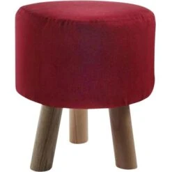 Pouf Rond Enfant Tissu Rouge Et Pieds Hêtre Kaidi - Lot De 2
