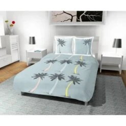 SOLEIL D' OCRE Parure De Couette Palmier 100% Coton - 1 Housse De Couette 220 X 240 Cm + 2 Taies D'oreiller - Bleu