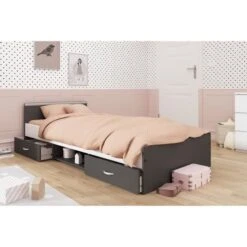 Lit Enfant Avec Rangement - Décor Gris Ombre / Blanc - 90 X 200 Cm